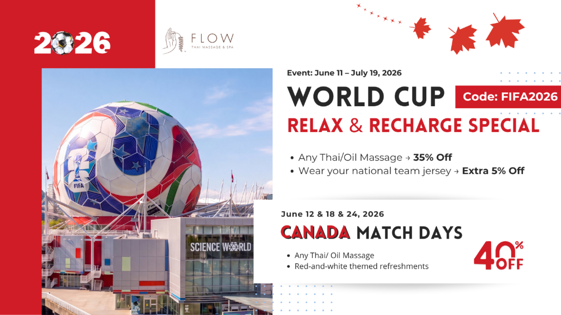 Promotional flyer for a World Cup event with a large inflatable soccer ball and building in the background.